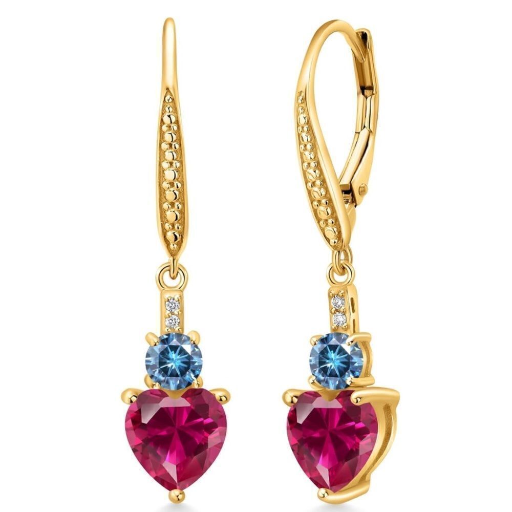 18K Yellow Gold with 3.29 Cttw Ruby and Blue Moissanite Heart Leverback Earrings